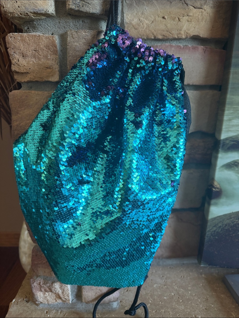 Mermaid Sequin Drawstring Backpack in Teal & Purple Reversable - Picture 5 of 8